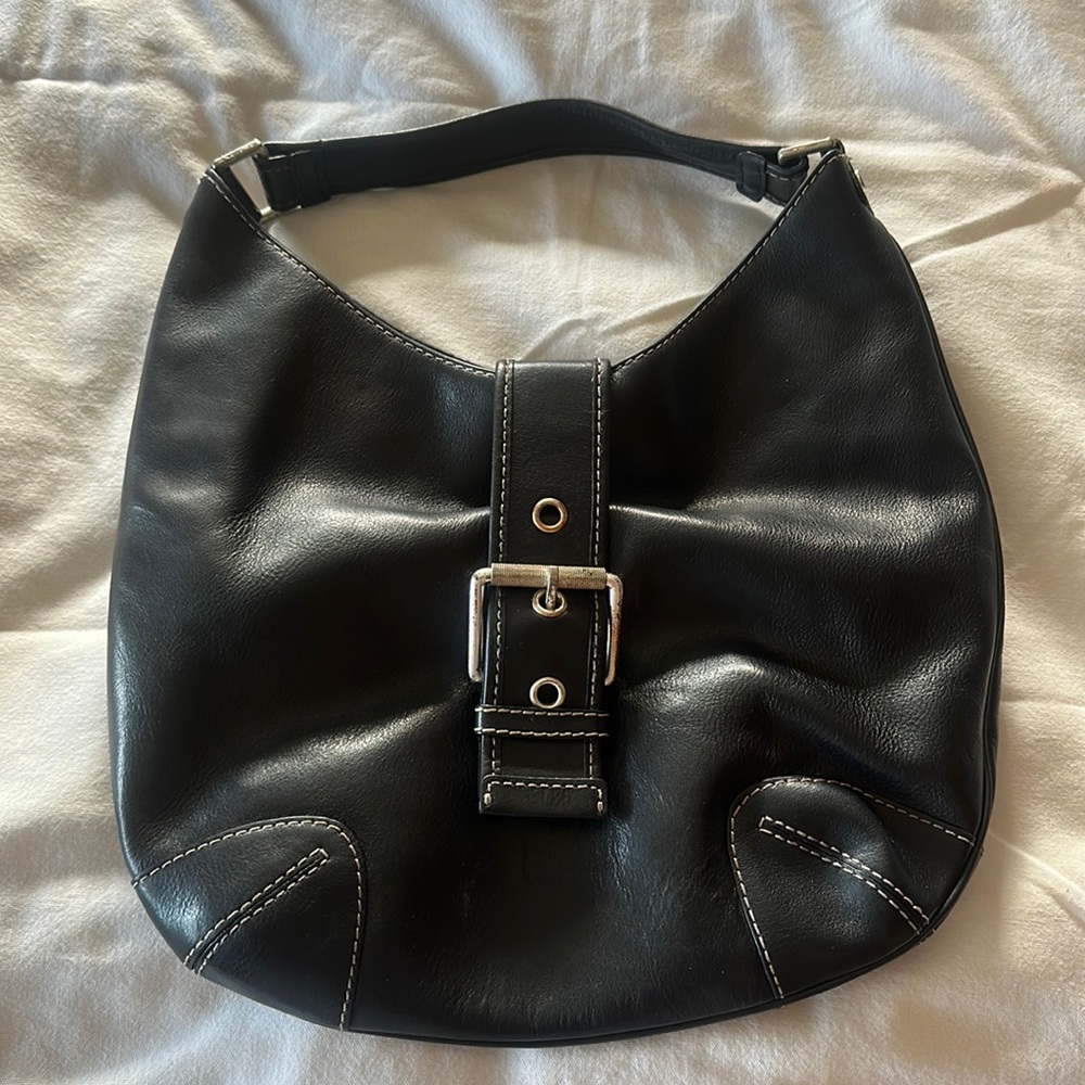 Michael by Michael Kors Black Heavy Leather Purse Silver Hardware 14”W x 11”H